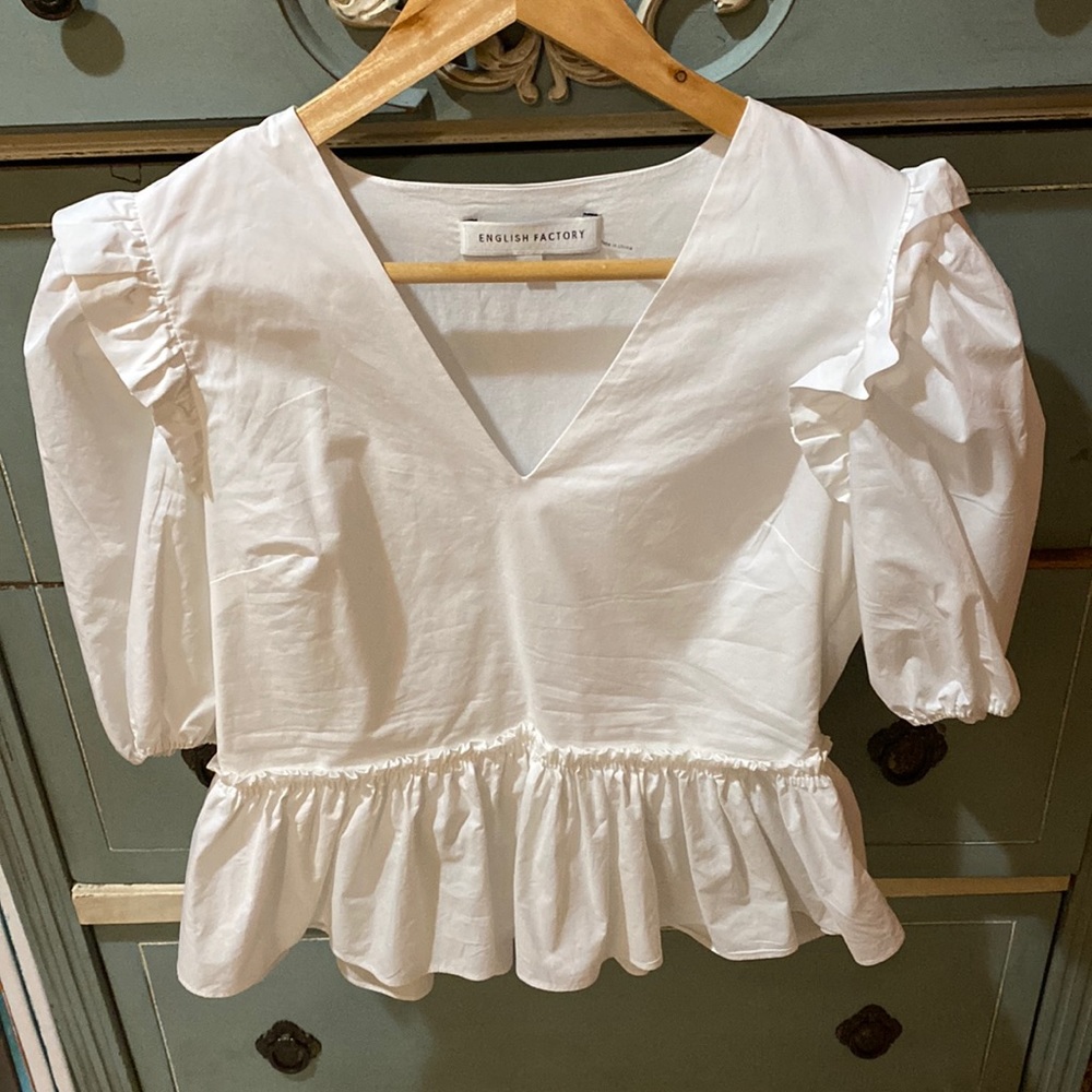 NWOT English Factory Cotton Tiered Ruffle Blouse White Side Zip Small